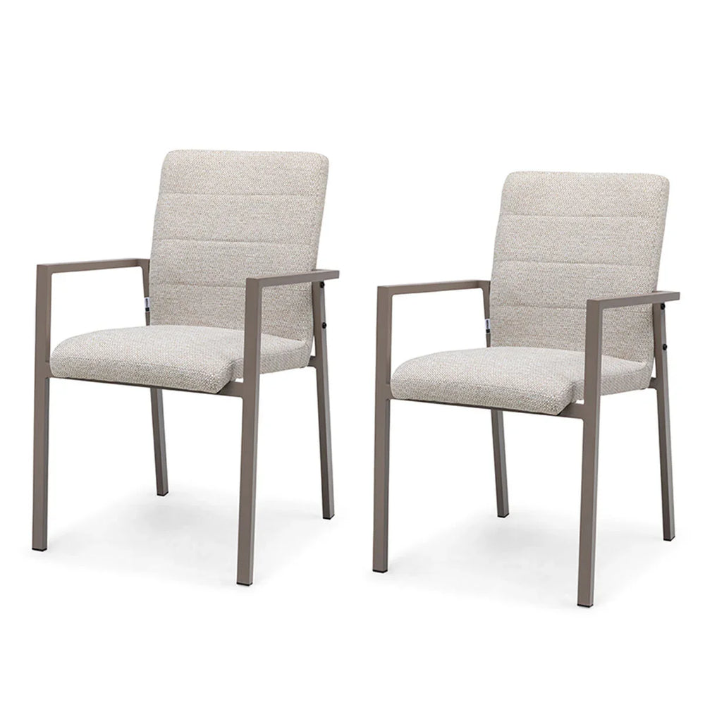 Pair of modern fabric dining chairs with taupe metal frame and padded armrests