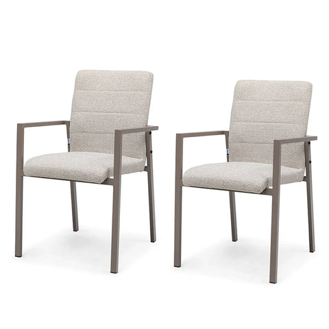 Pair of modern fabric dining chairs with taupe metal frame and padded armrests