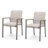 Pair of modern fabric dining chairs with taupe metal frame and padded armrests