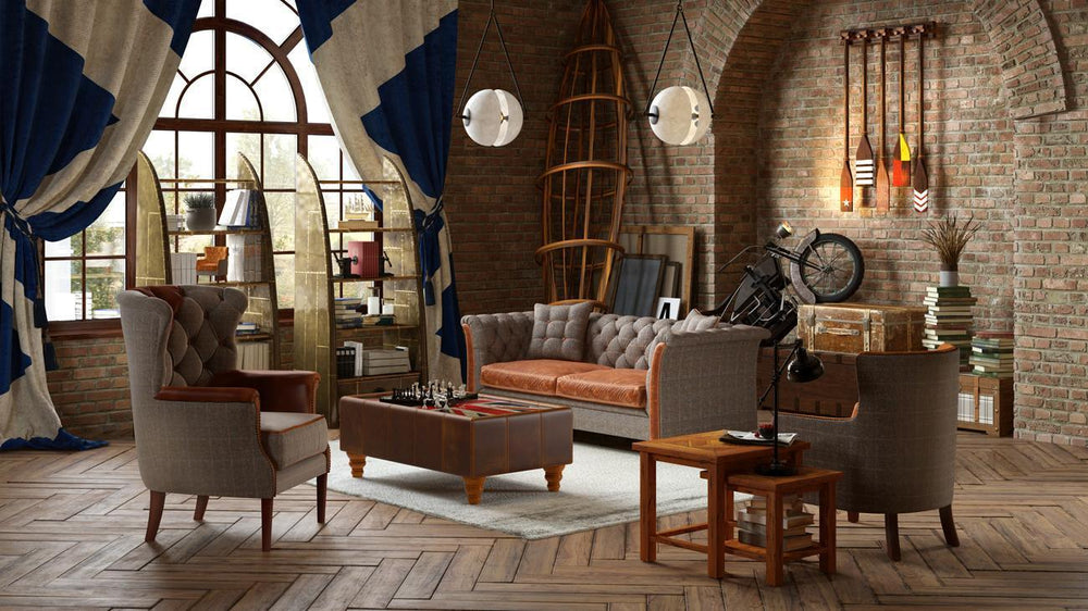 Modern living room with brown leather sofa, armchairs, ottoman coffee table, and brick walls