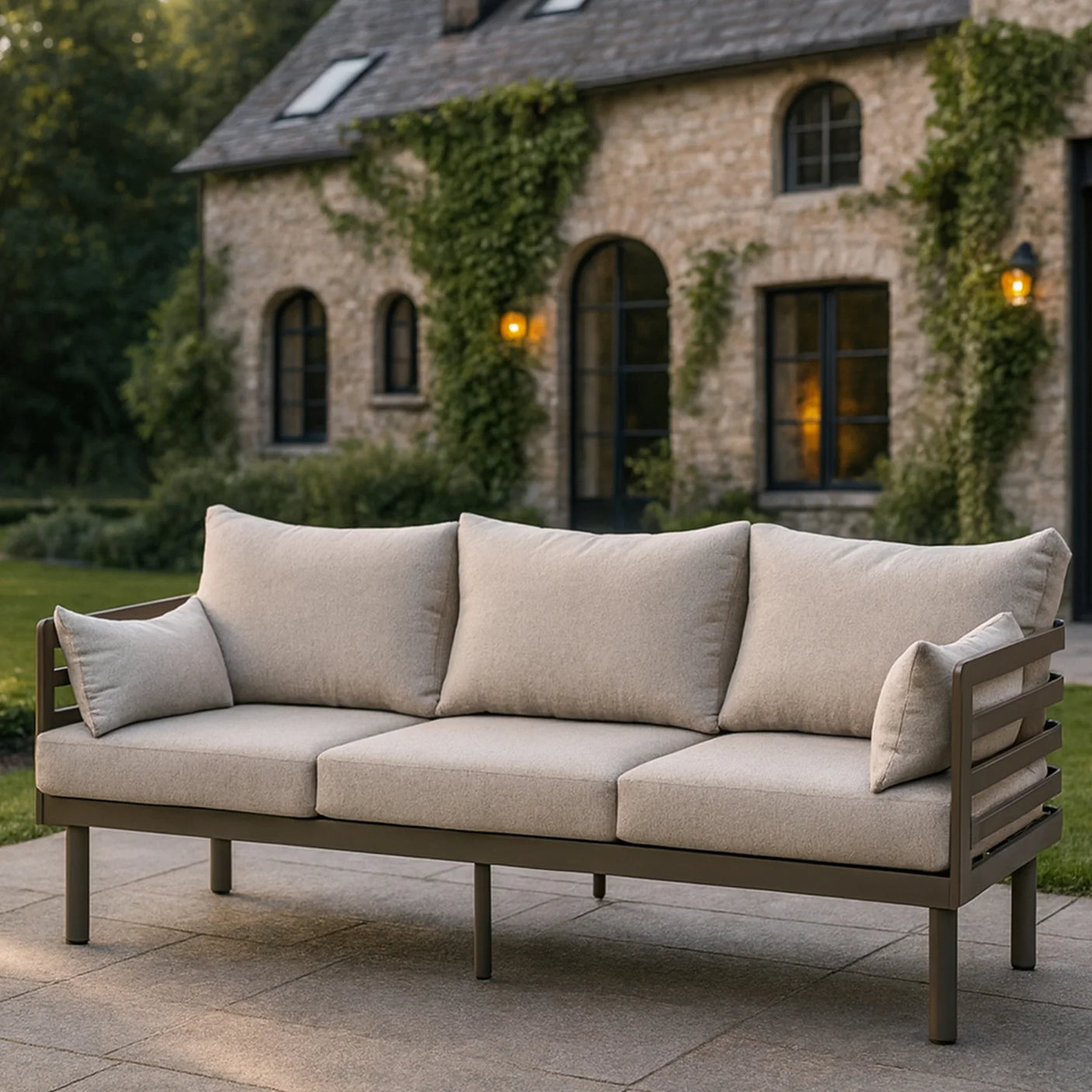 Outdoor patio sofa with beige cushions on paved terrace in garden setting