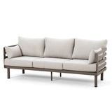 Beige fabric sofa with modern metal frame and cushions, side armrest design, front angle