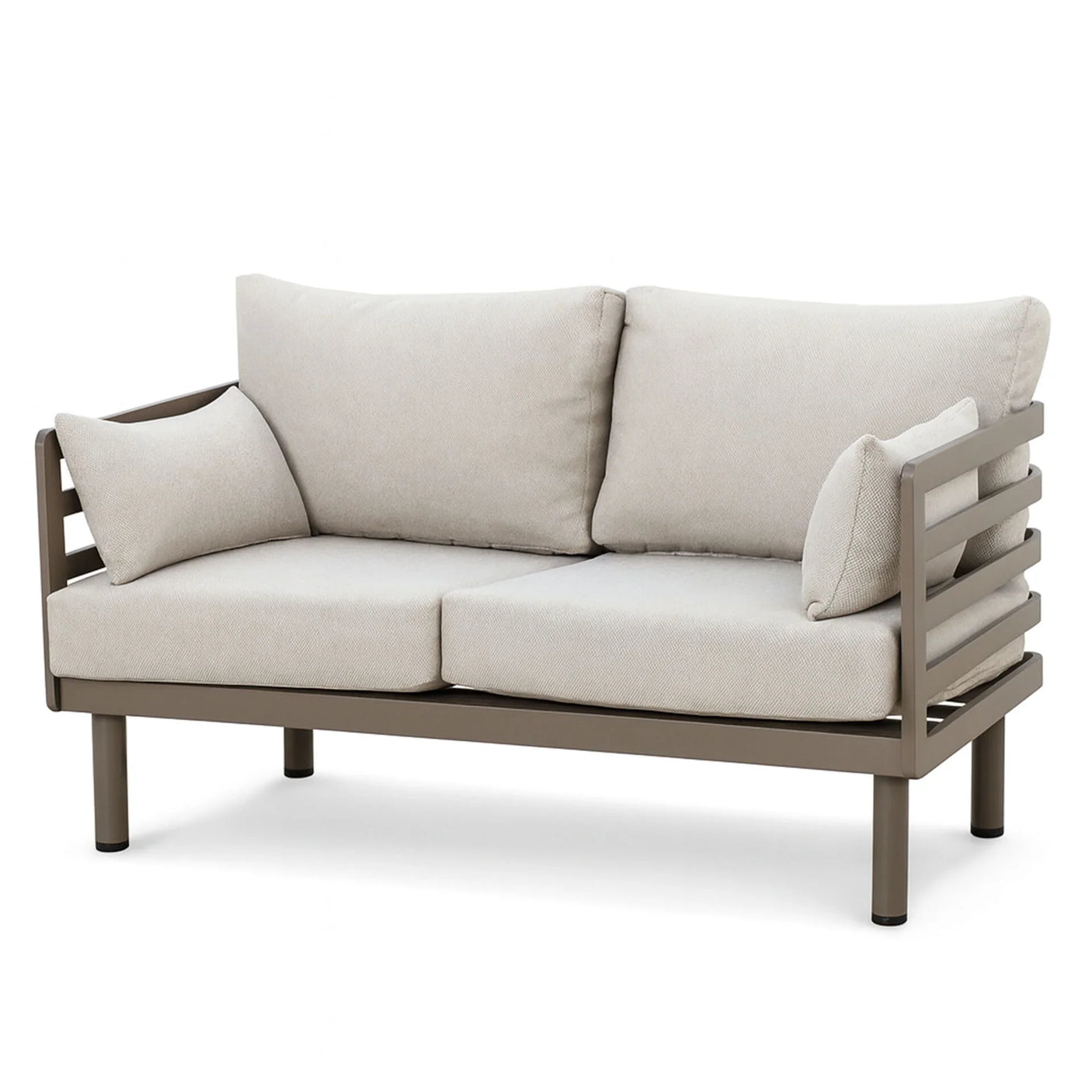 Beige outdoor sofa with metal frame and loose cushions, front view on white background