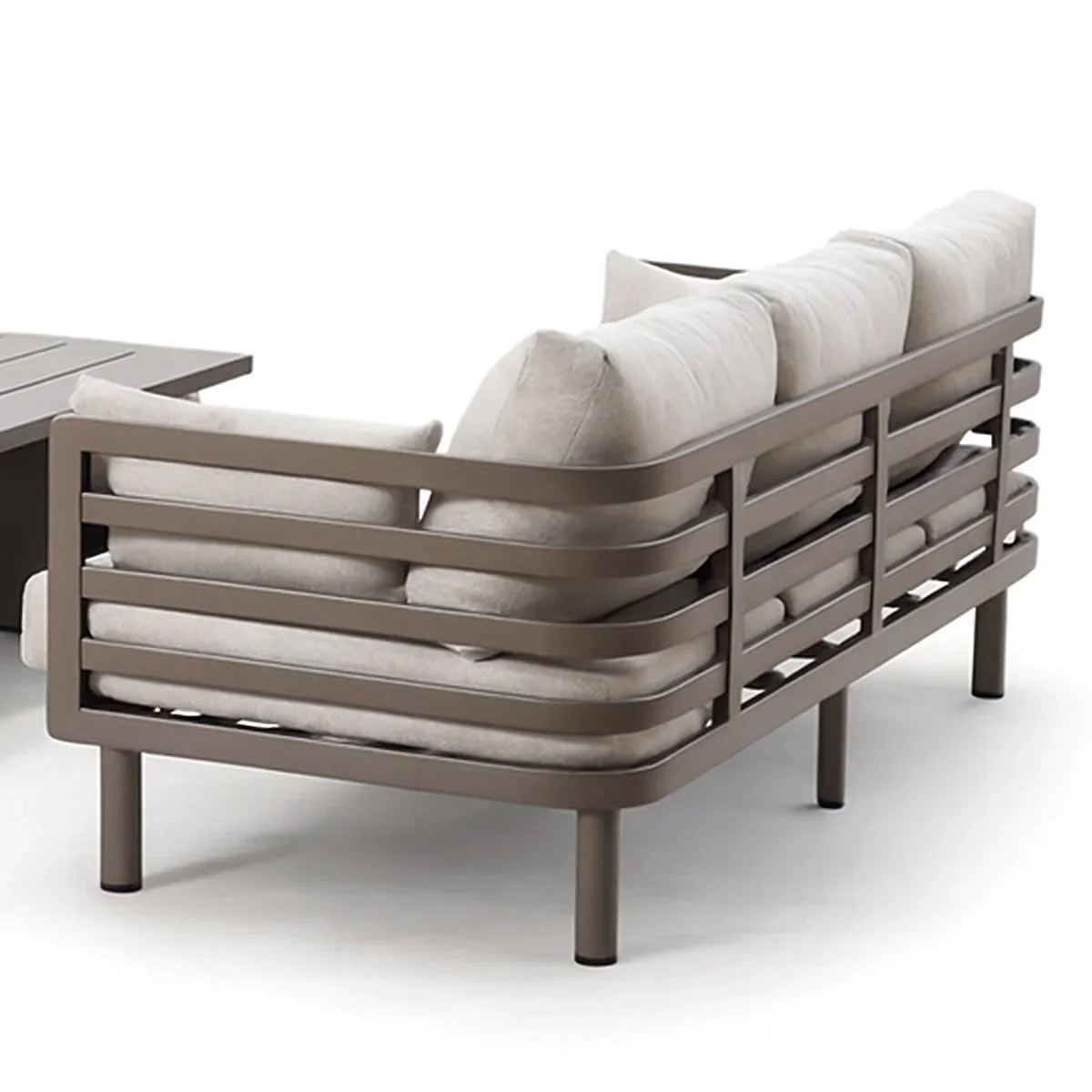 Outdoor sofa with taupe metal frame and beige cushions, side angle view