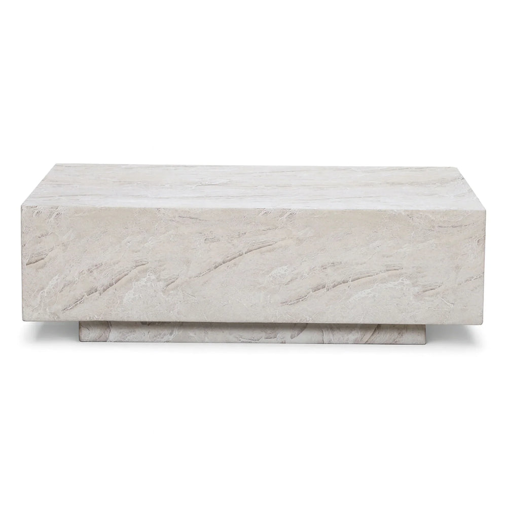 Rectangular stone coffee table with natural beige marble finish, front view on white background