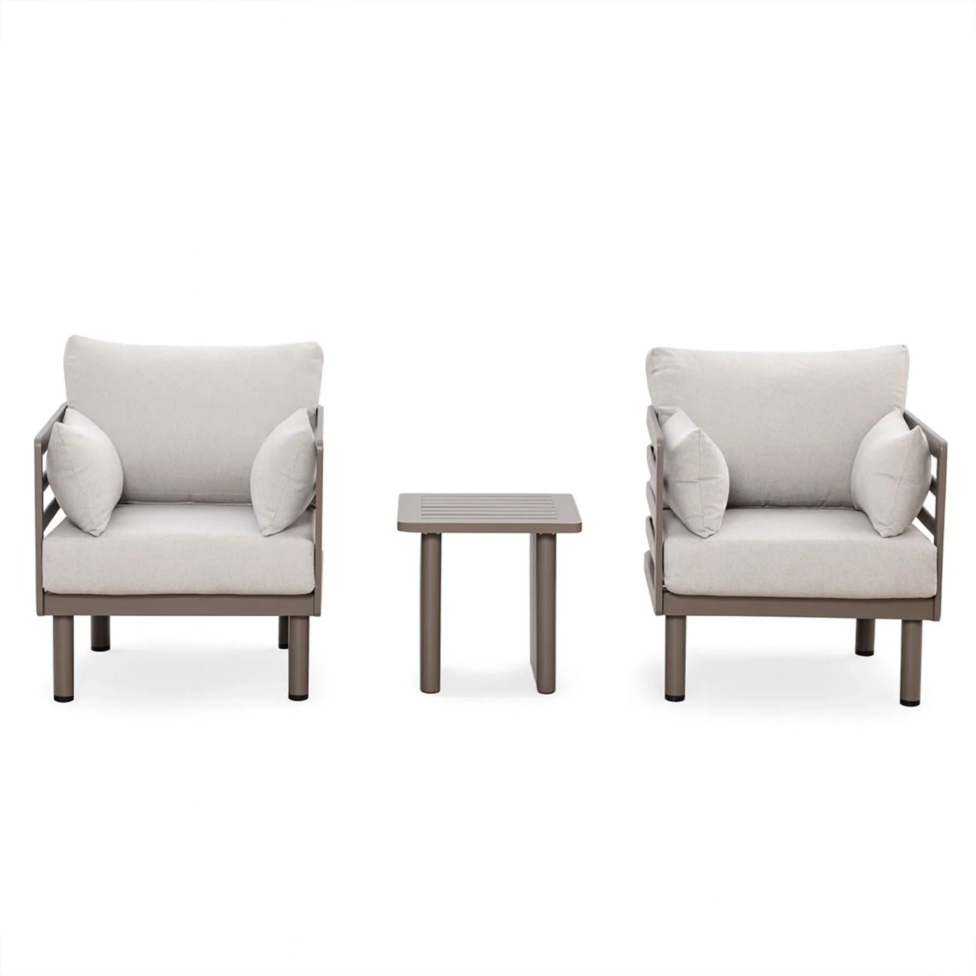 Garden lounge chair set with two beige armchairs and small brown side table on white background