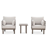 Garden lounge chair set with two beige armchairs and small brown side table on white background