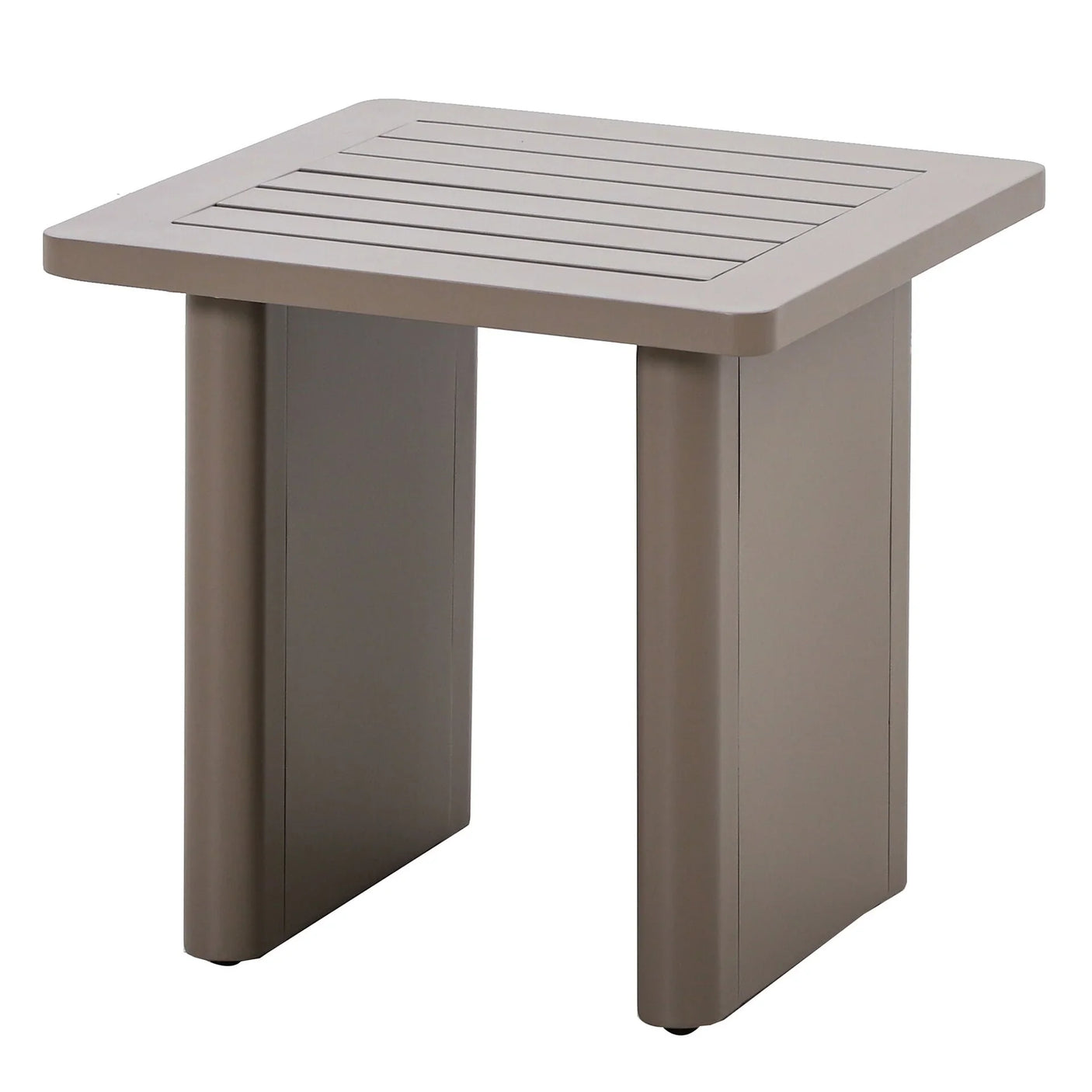 Taupe square outdoor side table with slatted top and sturdy legs
