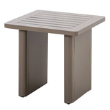 Taupe square outdoor side table with slatted top and sturdy legs