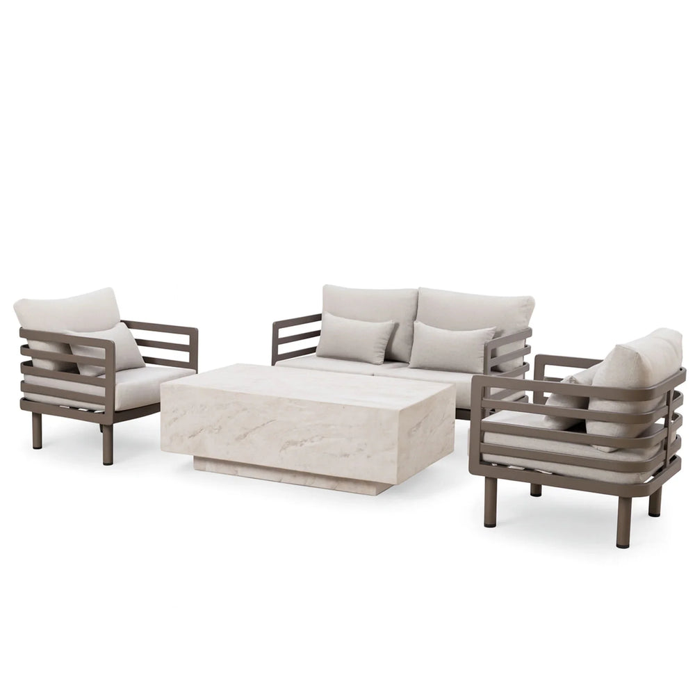 Modern outdoor furniture set with beige cushioned sofa, two armchairs, and stone coffee table