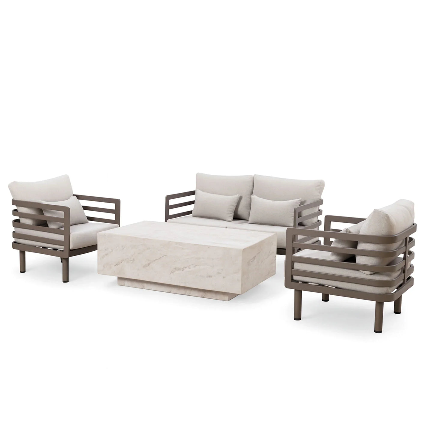 Modern outdoor furniture set with beige cushioned sofa, two armchairs, and stone coffee table