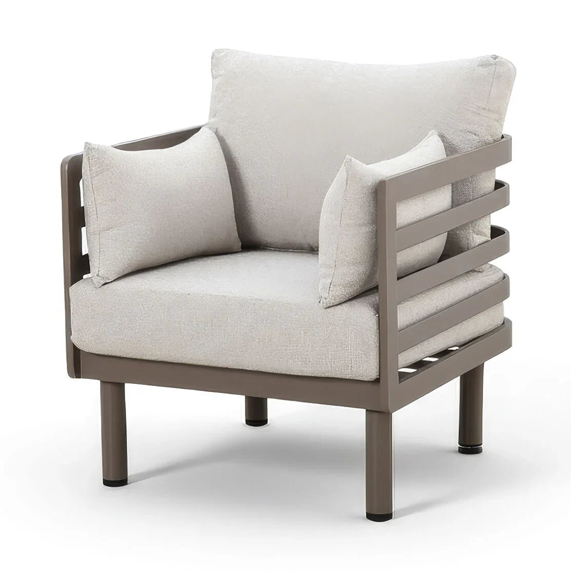 Grey cushioned armchair with metal frame and side slats, corner view