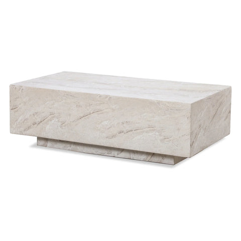 Rectangular marble coffee table with light stone finish on white background
