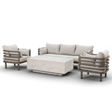 Modern outdoor sofa set with beige cushions and stone-effect coffee table