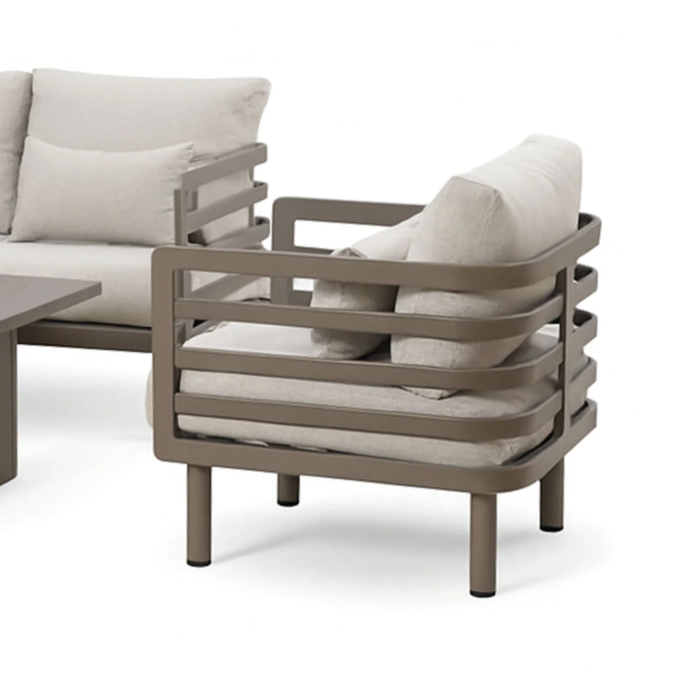 Modern outdoor armchair with taupe metal frame and beige cushions, shown from an angle