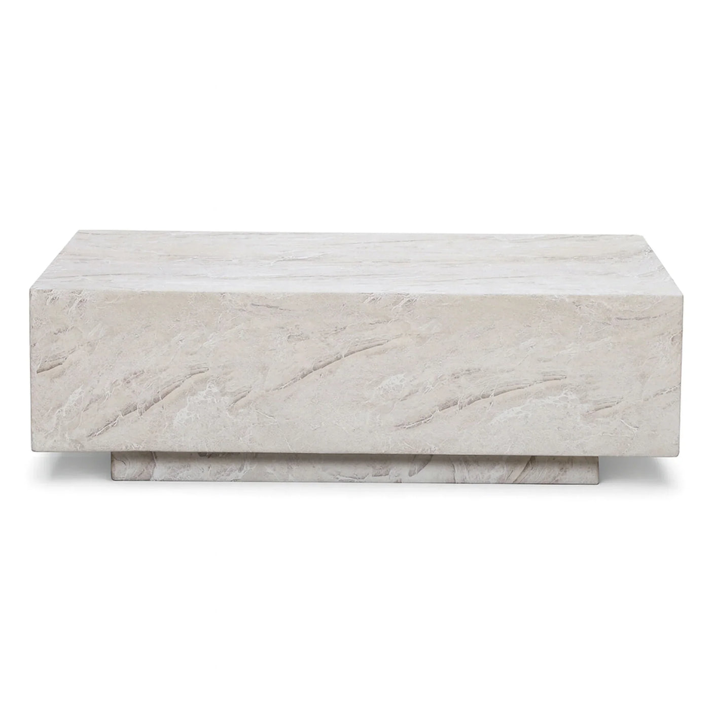 Rectangular stone coffee table with light marble finish and low plinth base, front view