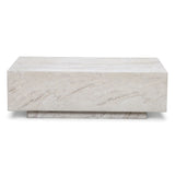 Rectangular stone coffee table with light marble finish and low plinth base, front view