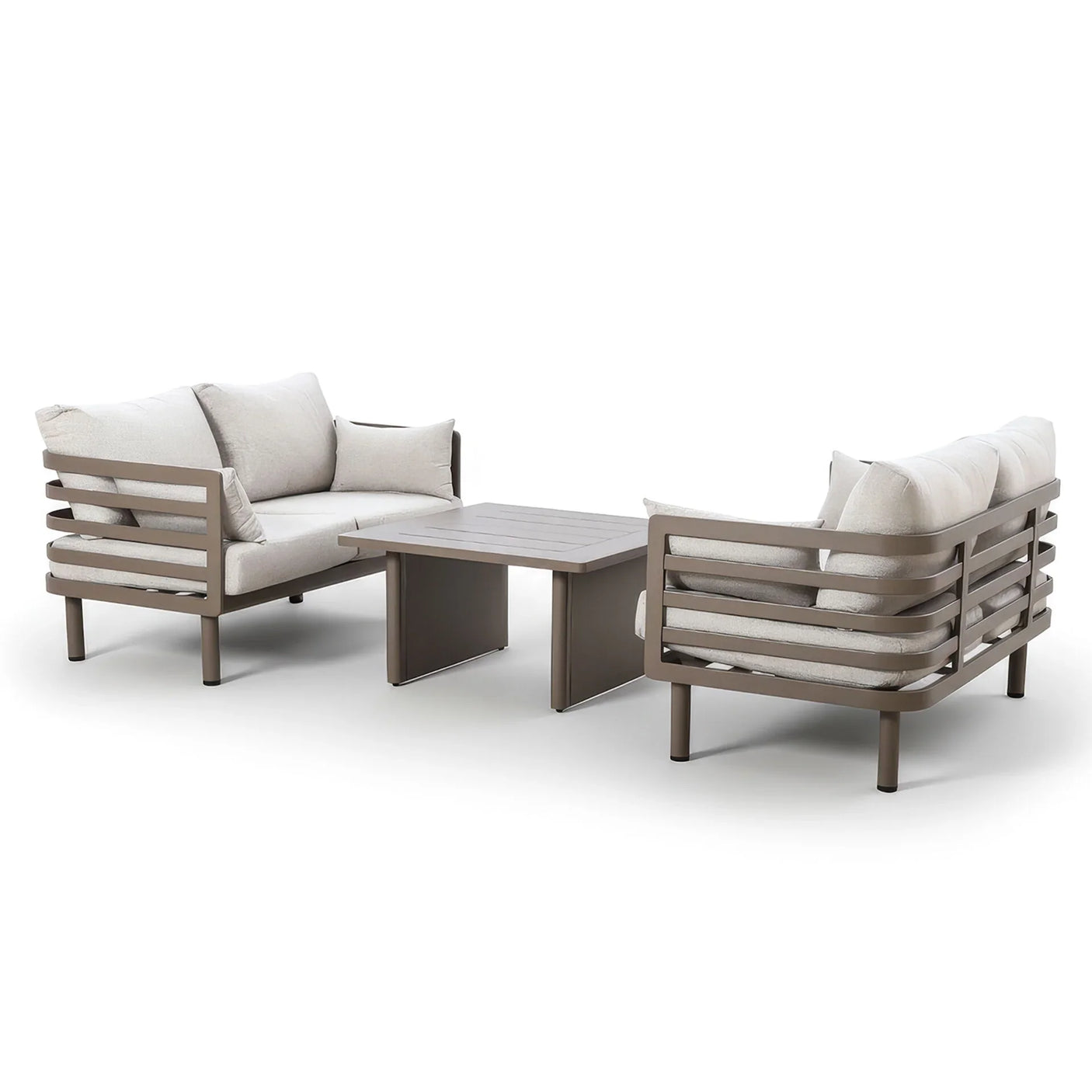 Beige cushioned garden sofa set with two-seater sofas and matching coffee table
