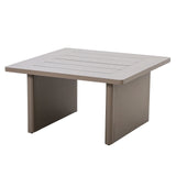 Taupe square coffee table with slatted top and wide panel legs, shown at angle