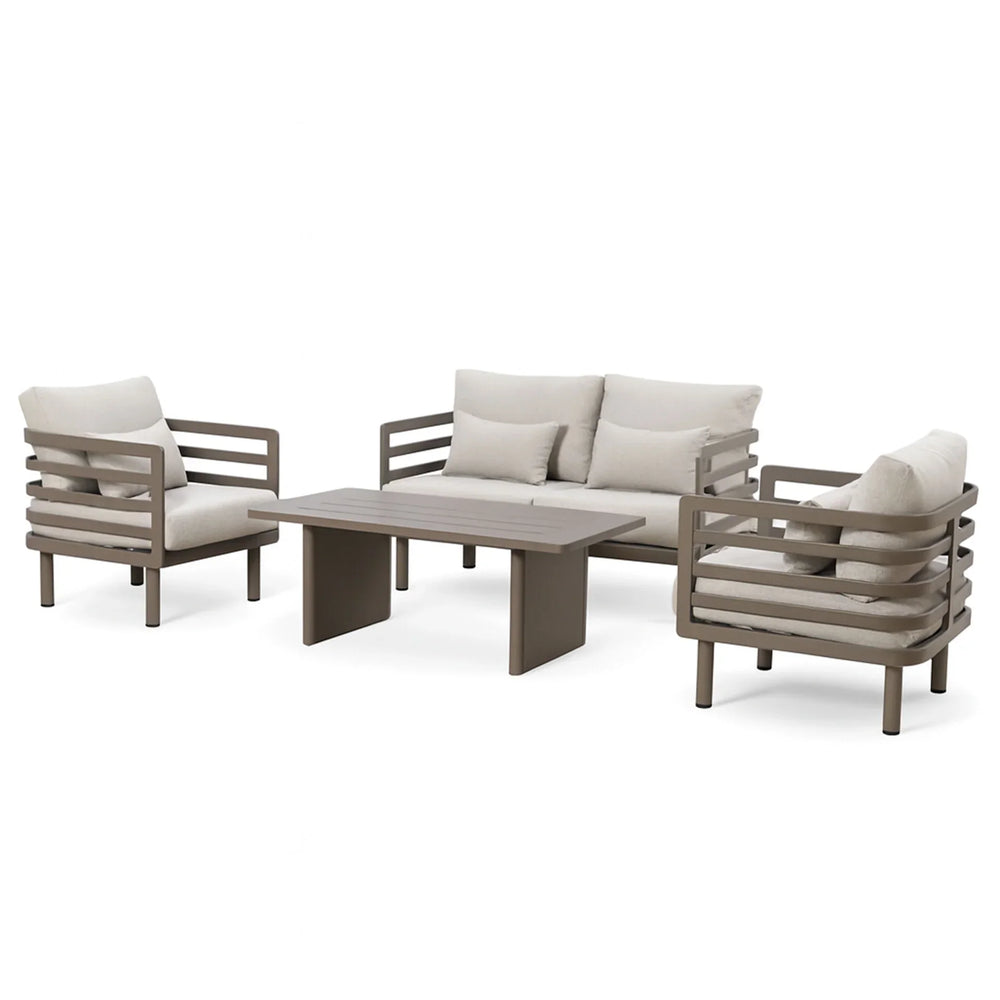 Taupe aluminium garden furniture set with cream cushions and coffee table