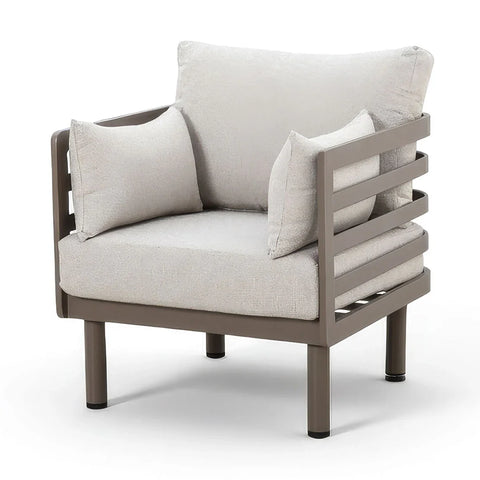 Modern beige fabric armchair with metal frame and three matching cushions, front angle view