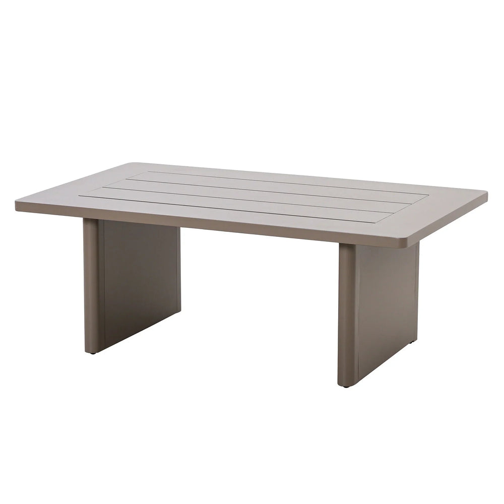 Rectangular taupe coffee table with slatted top and panel legs, modern indoor furniture