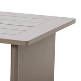 Beige outdoor dining table corner with slatted top and sturdy leg