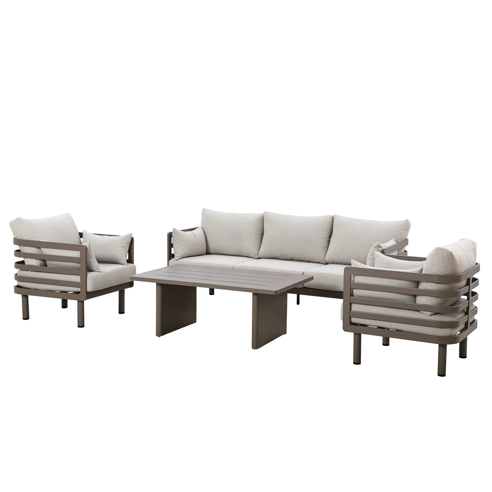 Modern outdoor sofa set with beige cushions, two armchairs, and rectangular coffee table