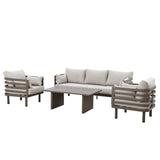 Modern outdoor sofa set with beige cushions, two armchairs, and rectangular coffee table