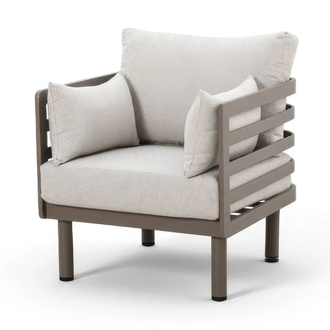 Modern grey armchair with metal frame and light fabric cushions, front angle view