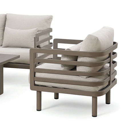 Taupe metal frame armchair with beige cushions, modern outdoor lounge furniture
