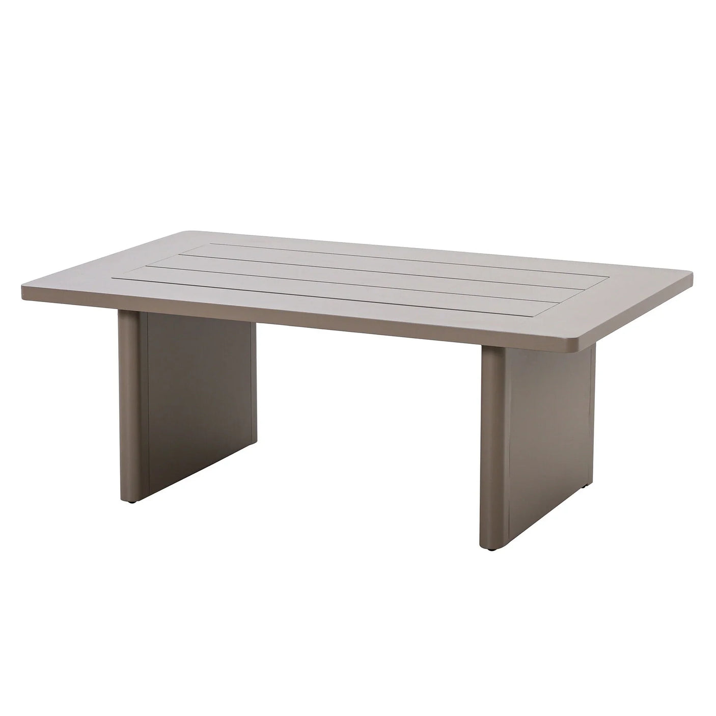 Rectangular taupe coffee table with slatted top and solid panel legs