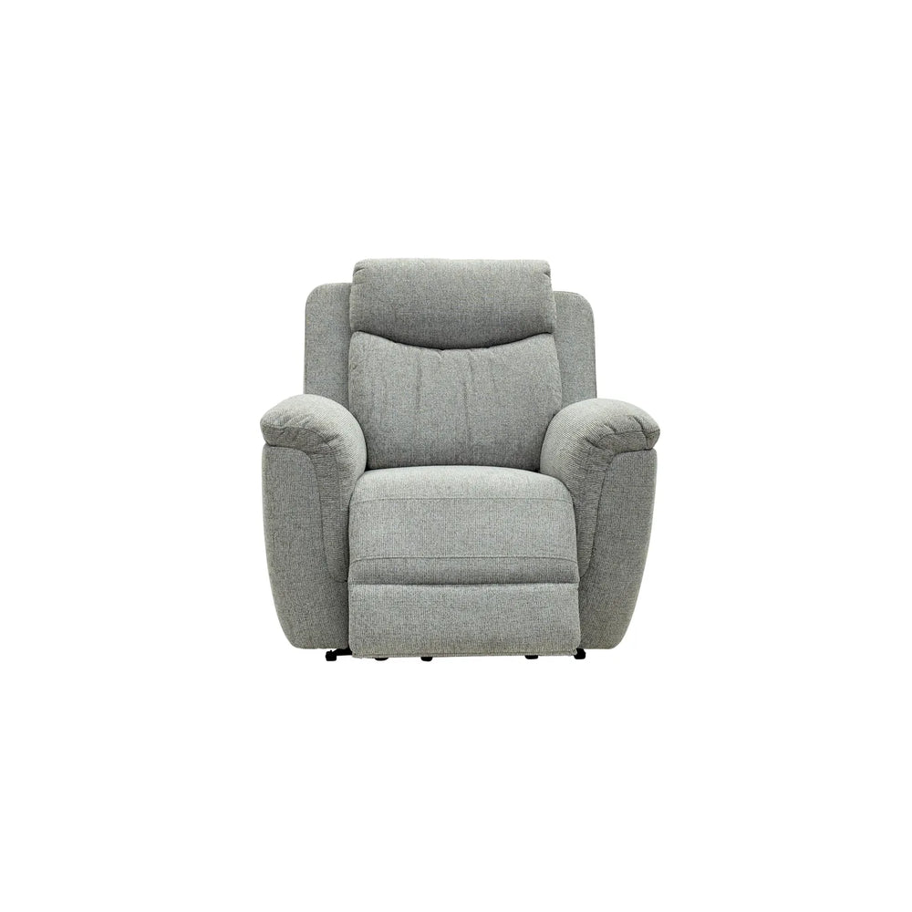 A light gray upholstered recliner chair with a high back and padded armrests, shown from the front on a plain white background.