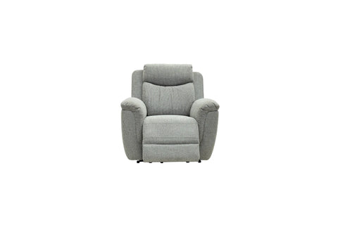 A light gray upholstered recliner chair with a high back and padded armrests, shown from the front on a plain white background.