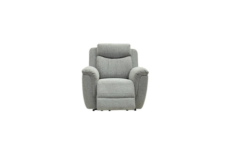 A light gray upholstered recliner chair with a high back and padded armrests, shown from the front on a plain white background.