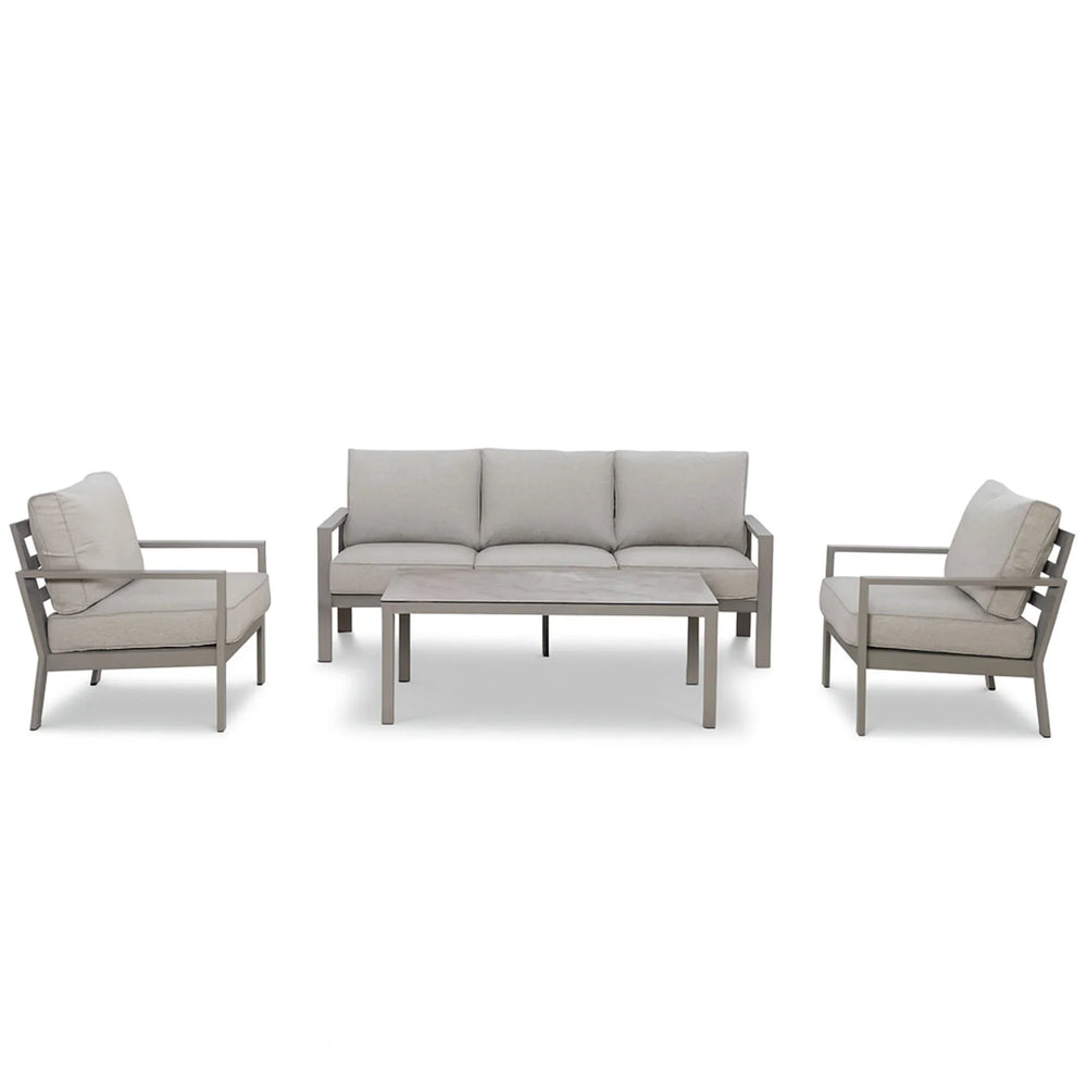 Modern aluminium garden furniture set with grey sofa, two chairs, and matching table