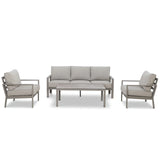 Modern aluminium garden furniture set with grey sofa, two chairs, and matching table