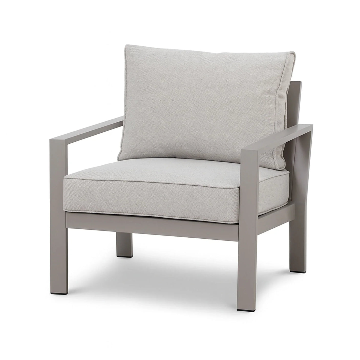 Modern armchair with grey metal frame and light grey cushions, angled front view