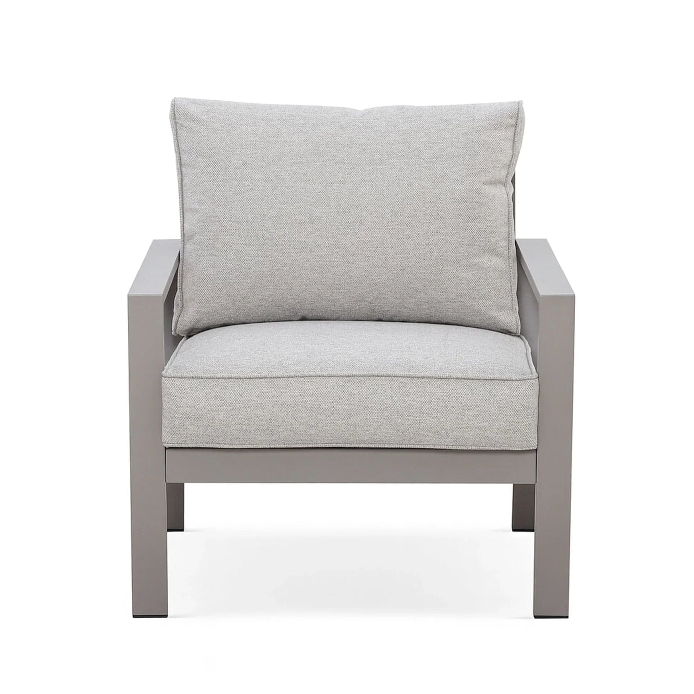 Grey fabric armchair with metal frame and plush cushions, front view