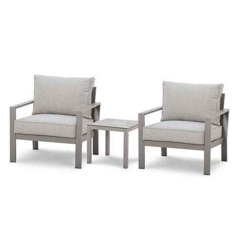 Light grey garden lounge chair set with matching square side table and cushions
