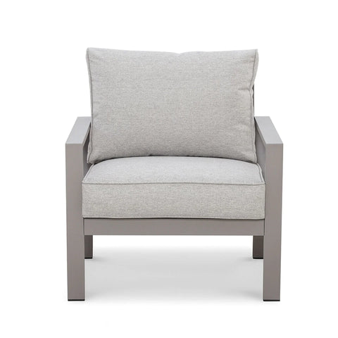 Modern grey armchair with metal frame and light grey cushions, front view