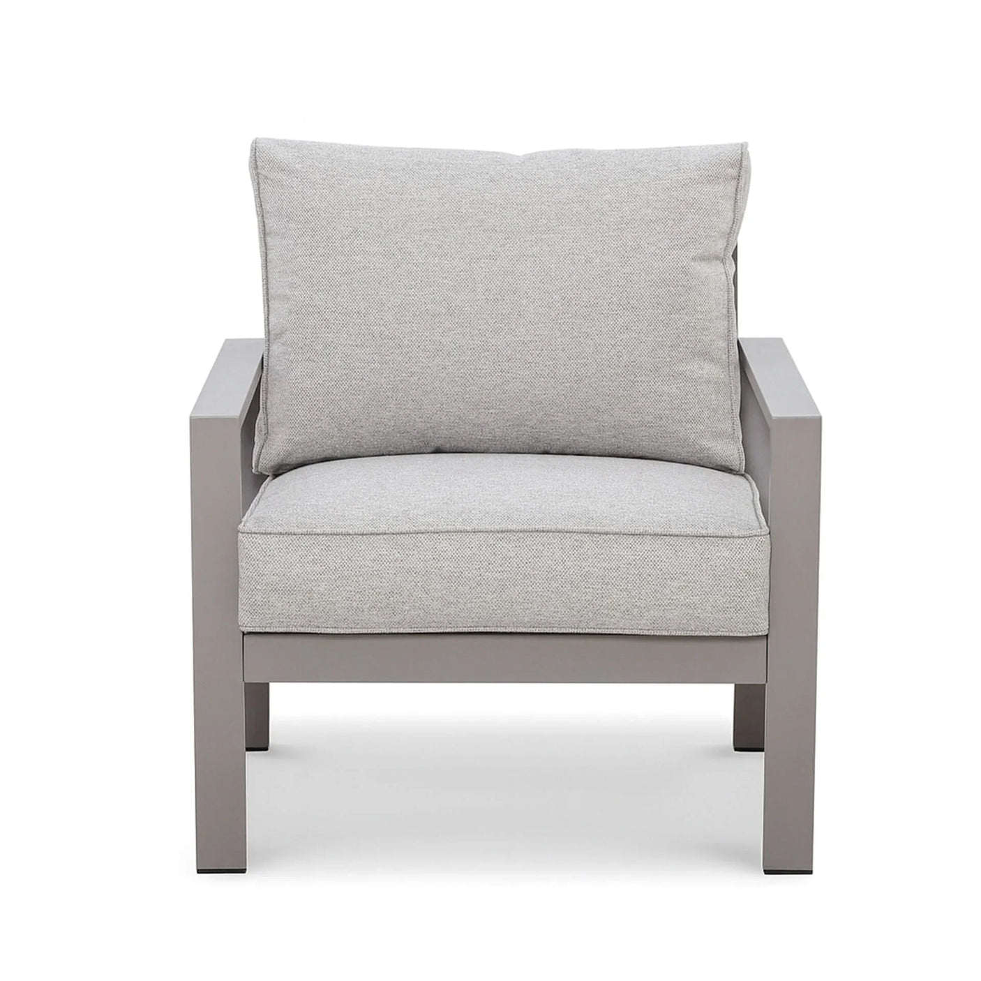 Modern grey armchair with metal frame and light grey cushions, front view
