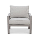 Modern grey armchair with metal frame and light grey cushions, front view