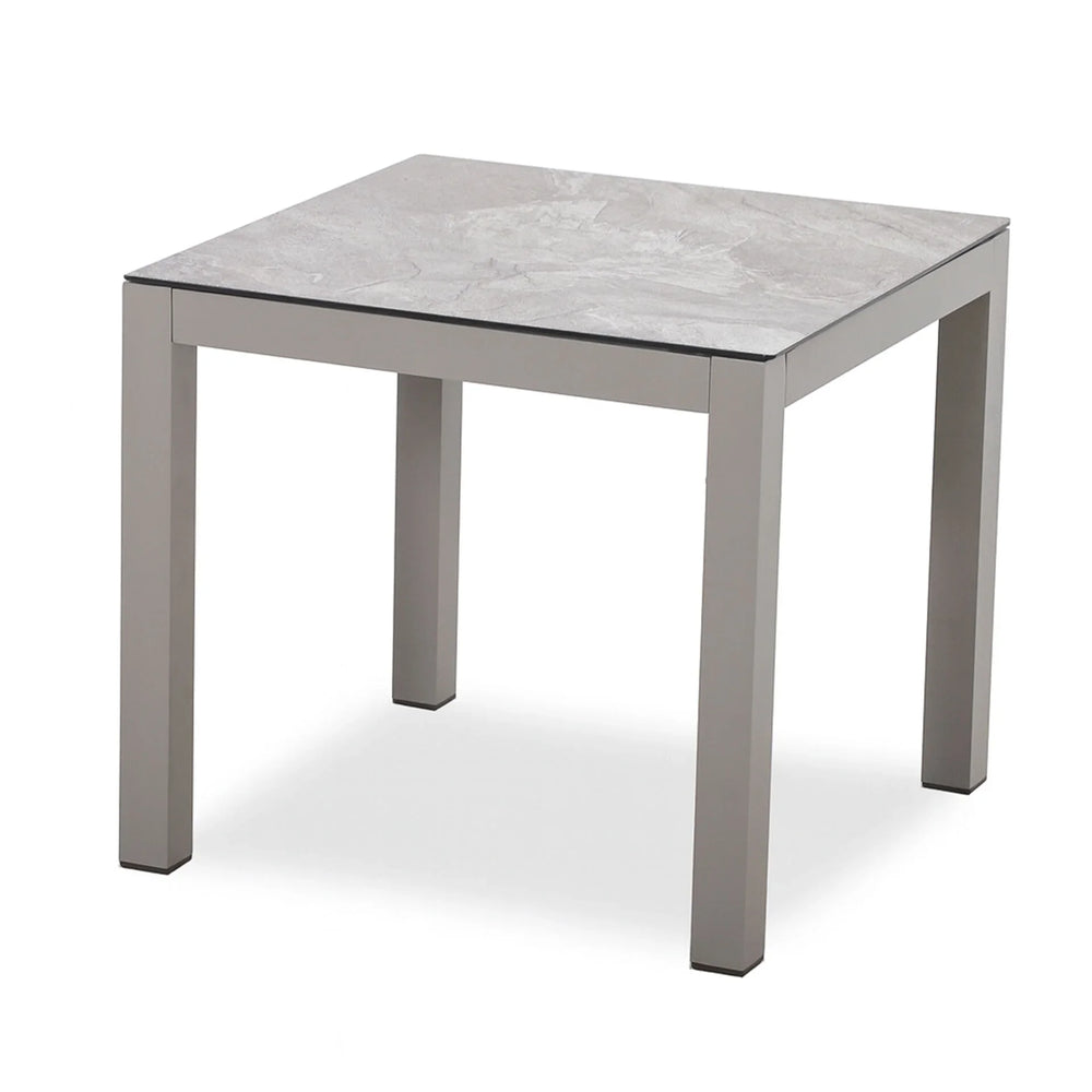 Square side table with light grey stone-effect top and metal legs