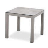 Square side table with light grey stone-effect top and metal legs