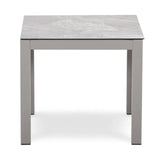 Square grey dining table with metal legs and marble effect tabletop, front view