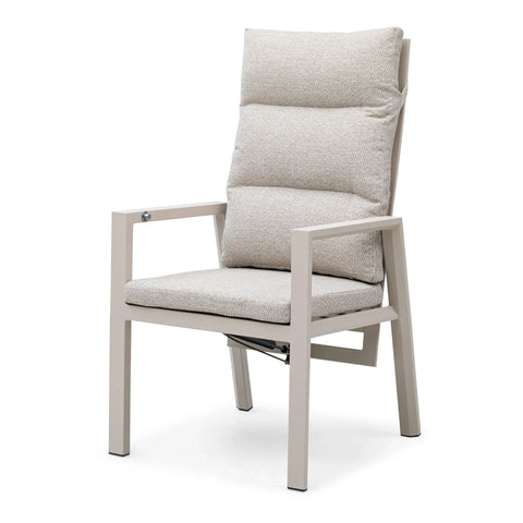 Beige fabric cushioned dining chair with metal frame and high backrest