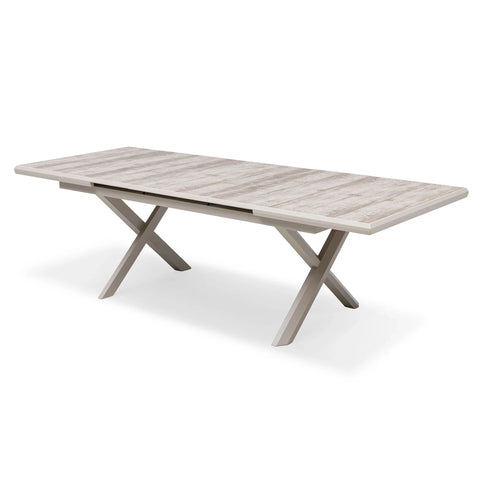 Rectangular dining table with light wood finish and crossed metal legs