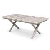 Rectangular dining table with light wood top and modern crossed legs