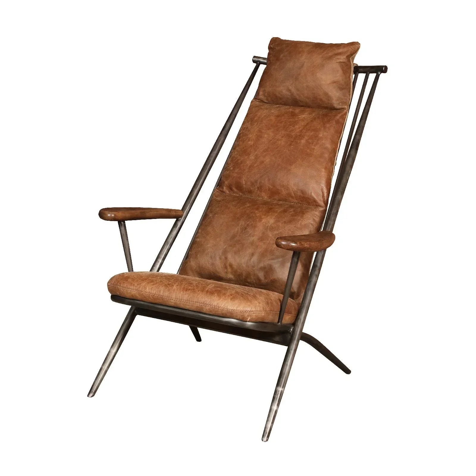 Brown leather accent chair with padded seat, metal frame and angled wooden armrests